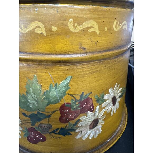 Vintage Painted Large Tin Folk Art Toleware Hand Painted Primitive Storage Metal - Picture 10 of 11